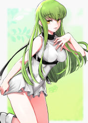Rule 34 | 1girl, :d, ankle boots, bare shoulders, boots, breasts, c.c., code geass, dress, green hair, highres, long hair, looking at viewer, medium breasts, noppo, open mouth, panties, panty peek, parted lips, simple background, sleeveless, sleeveless dress, smile, solo, straight hair, teeth, underwear, yellow eyes