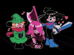 Rule 34 | 3girls, armlet, axe, battle axe, black background, black footwear, black gloves, black hair, blue footwear, boots, bracelet, cosplay, deltarune, glasses, gloves, green headwear, half updo, hat, heart, jewelry, kagari atsuko, kris (deltarune), kris (deltarune) (cosplay), little witch academia, lotte jansson, multiple girls, music, name connection, on one knee, orange hair, outline, pink-framed eyewear, pink hair, pink scarf, ralsei, ralsei (cosplay), scarf, sharp teeth, simple background, singing, smile, spiked armlet, spiked bracelet, spikes, striped cape, sucy manbavaran, susie (deltarune), susie (deltarune) (cosplay), sword, tama (tm suac), teeth, weapon, white outline, wizard hat