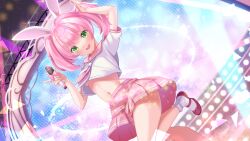 Rule 34 | 1girl, animal ears, breasts, character request, copyright request, fake animal ears, green eyes, hoshino aoi (la huynh hai than), light blush, looking down, medium breasts, microphone, navel, one leg raised, pink hair, rabbit ears, school uniform, shoes, skirt, smile, socks, twintails, underboob, virtual youtuber, wallpaper, white socks, yanderelive