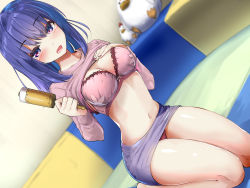 Rule 34 | 1girl, :d, barefoot, blue eyes, blue hair, blurry, blush, bra, breasts, cleavage, clothes lift, collarbone, depth of field, dutch angle, hand on own chest, hands up, highres, holding, indoors, lace, lace-trimmed bra, lace trim, long hair, long sleeves, looking at viewer, medium breasts, miniskirt, nail polish, navel, open mouth, original, paint roller, panties, pencil skirt, pink bra, pink shirt, purple skirt, red nails, red panties, seiza, shirt, shirt lift, sitting, skirt, smile, solo, stomach, stuffed chicken, tenrai, thighs, underwear