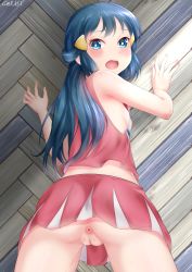 Rule 34 | 1girl, absurdres, anus, artist name, ass, blue eyes, blue hair, blush, cheerleader, cleft of venus, creatures (company), dawn (pokemon), eyebrows, eyelashes, female focus, g@rnet, game freak, highres, long hair, looking at viewer, looking back, nintendo, no panties, pokemon, pokemon (anime), pokemon dppt (anime), pussy, shiny skin, skindentation, solo, spread legs, uncensored