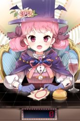 Rule 34 | 1girl, bell, blush, cloak, crescent conundrum, cup, drinking glass, drinking straw, earrings, flat chest, flower, frills, gloves, hair ribbon, hat, jewelry, lowres, markings, mole, necklace, open mouth, pink eyes, pink hair, ribbon, rose, solo, sword girls, top hat, wine glass