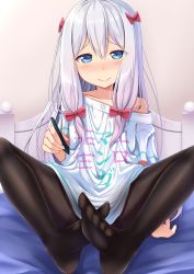 Rule 34 | 10s, 1girl, arm at side, bed, bed sheet, black pantyhose, blue eyes, blush, bow, closed mouth, clothes writing, collarbone, eromanga sensei, eyes visible through hair, feet, foreshortening, gradient hair, gurande (g-size), hair bow, half-closed eyes, highres, holding, izumi sagiri, knees apart feet together, long hair, looking at viewer, low-tied long hair, multicolored hair, nose blush, off shoulder, on bed, pantyhose, pink bow, pink hair, raised eyebrows, shirt, short sleeves, silver hair, sitting, smile, soles, solo, spread legs, stylus, very long hair, white shirt