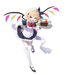 Rule 34 | 1girl, :d, absurdres, alternate costume, apron, black footwear, black shirt, black skirt, black wrist cuffs, blonde hair, blush stickers, bow, bright pupils, cake, cake slice, commentary, crystal, enmaided, fang, flandre scarlet, food, frilled apron, frilled skirt, frilled wrist cuffs, frills, fruit, hair between eyes, hair intakes, hand on own hip, hand up, happy, highres, holding, holding tray, long hair, looking at viewer, maid, maid apron, maid headdress, mary janes, open mouth, pointy ears, puffy short sleeves, puffy sleeves, red bow, red eyes, shirt, shoes, short sleeves, side ponytail, simple background, skirt, slit pupils, smile, smug, solo, standing, standing on one leg, strawberry, thighhighs, touho 0505, touhou, tray, tsurime, v-shaped eyebrows, white apron, white background, white pupils, white thighhighs, wings, wrist cuffs, zettai ryouiki