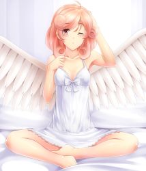 Rule 34 | 1girl, bad id, bad pixiv id, bed, dress, duel monster, injection fairy lily, komimiyako, one eye closed, red eyes, red hair, solo, wings, wink, yu-gi-oh!