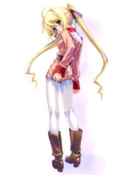 Rule 34 | 1girl, ashishun, belt, blonde hair, blue eyes, blush, boots, character request, costume, embarrassed, from behind, gundam, long hair, looking back, military, military uniform, mobile suit gundam, original, pantyhose, ribbon, shiny clothes, solo, spandex, twintails, uniform, very long hair, white pantyhose