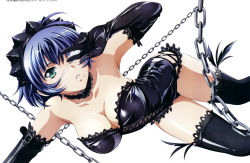 Rule 34 | 00s, 1girl, absurdres, ahoge, alternate costume, antenna hair, arched back, armpits, artist request, black gloves, black thighhighs, blue hair, breasts, chain, cleavage, copyright name, cowboy shot, feathers, gloves, green eyes, headdress, highres, huge filesize, ikkitousen, lace, lace-trimmed legwear, lace trim, large breasts, latex, legs apart, leotard, md5 mismatch, mole, mole under mouth, one eye covered, open mouth, ryomou shimei, simple background, thighhighs, thighs, v, v over eye, white background
