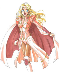 Rule 34 | 1990s (style), 1girl, :d, armor, armored boots, blue eyes, boots, brown pantyhose, cape, female focus, final fantasy, final fantasy iv, knee boots, knee pads, leotard, long hair, looking at viewer, lowres, open mouth, pantyhose, retro artstyle, rosa farrell, simple background, smile, solo, soranokaze15, very long hair, wavy hair, white background