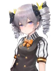 Rule 34 | 1girl, bad id, bad pixiv id, black bow, black vest, blush, bow, breasts, bronya zaychik, closed mouth, collared shirt, commentary, dokomon, drill hair, english commentary, grey hair, hair between eyes, hair bow, hair ornament, highres, honkai (series), honkai impact 3rd, orange bow, polka dot, polka dot bow, puffy short sleeves, puffy sleeves, purple eyes, rabbit hair ornament, shirt, short sleeves, simple background, small breasts, solo, striped clothes, striped shirt, twin drills, twintails, upper body, vertical-striped clothes, vertical-striped shirt, vest, white background, white shirt