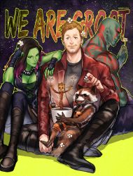 Rule 34 | 1girl, 2boys, animification, bad id, bad tumblr id, blue eyes, boots, breasts, brown hair, cleavage, colored skin, drax the destroyer, english text, facial hair, flower, gamora, gradient hair, green skin, groot, guardians of the galaxy, knee boots, marvel, marvel cinematic universe, multicolored hair, multiple boys, onegingek, peter quill, plant, pot, potted plant, raccoon, rocket raccoon, sitting, smile, spoilers