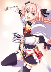 Rule 34 | 1boy, astolfo (fate), black thighhighs, braid, cape, fang, fate/apocrypha, fate (series), garter straps, hair ribbon, highres, ike masato, long hair, looking at viewer, male focus, open mouth, pink hair, purple eyes, ribbon, simple background, single braid, smile, solo, sword, thighhighs, trap, weapon, white background