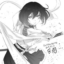 Rule 34 | 1girl, character name, commentary request, cowboy shot, dated, frilled skirt, frills, greyscale, hakama, hakama short skirt, hakama skirt, headband, hyuuga (kancolle), japanese clothes, kantai collection, katana, looking at viewer, monochrome, one-hour drawing challenge, pleated skirt, short hair, simple background, skirt, solo, sword, tororo ten, twitter username, weapon
