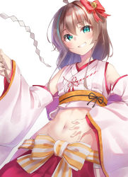 Rule 34 | 1girl, ahoge, alternate costume, alternate hairstyle, aqua eyes, bare shoulders, bow, brown hair, collarbone, commentary request, crop top, detached sleeves, fingernails, flower knot, from below, gohei, grin, hair between eyes, hair bow, hand on own stomach, head tilt, highres, hip vent, holding, hololive, japanese clothes, kurumi tsuchi, long sleeves, looking at viewer, medium hair, midriff, multicolored hair, natsuiro matsuri, natsuiro matsuri (new year), navel, nontraditional miko, red skirt, ribbon, sidelocks, simple background, skirt, smile, solo, streaked hair, striped, virtual youtuber, white background, wide sleeves