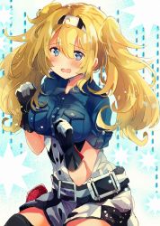 Rule 34 | 1girl, belt, blonde hair, blue eyes, blue shirt, blush, breast pocket, breasts, buttons, collared shirt, gambier bay (kancolle), gloves, hairband, highres, kantai collection, large breasts, multicolored clothes, multicolored gloves, nanahamu, open mouth, pocket, shirt, shorts, sitting, solo, tearing up, twintails, wariza
