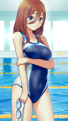 Rule 34 | 1girl, blue eyes, blue one-piece swimsuit, breasts, brown hair, competition swimsuit, covered navel, cowboy shot, go-toubun no hanayome, goggles, unworn goggles, hair between eyes, highres, holding, holding goggles, indoors, lane line, large breasts, long hair, looking at viewer, nakano miku, one-piece swimsuit, pool, sidelocks, solo, swimsuit, wagemappa