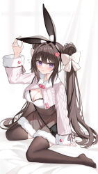 Rule 34 | 1girl, animal ear fluff, animal ears, arm up, black hairband, blush, bow, breasts, brown hair, brown skirt, brown thighhighs, cleavage, closed mouth, cropped jacket, double bun, flying sweatdrops, fur-trimmed jacket, fur-trimmed skirt, fur-trimmed sleeves, fur trim, hair bow, hair bun, hair intakes, hair ornament, hairband, hand on own ear, heart, heart hair ornament, high-waist skirt, highres, jacket, long hair, long sleeves, medium breasts, original, purple eyes, rabbit ears, sitting, skirt, sleeves past wrists, solo, tears, thighhighs, twintails, very long hair, wariza, white bow, white jacket, yuxian youka