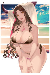 Rule 34 | 1984950453, 1girl, absurdres, bare shoulders, bikini, bracelet, breasts, brown hair, chest tattoo, collarbone, curly hair, facial mark, fate/grand order, fate (series), forehead mark, highres, horns, jewelry, large breasts, lipstick, long hair, makeup, open mouth, sessyoin kiara, side-tie bikini bottom, smile, solo, swimsuit, tattoo, thick thighs, thighs, tongue, very long hair, yellow eyes