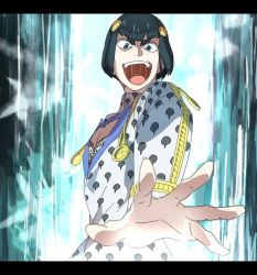 Rule 34 | &gt;:d, 1boy, :d, black hair, blue eyes, bruno bucciarati, crossover, jojo no kimyou na bouken, kill la kill, kiryuuin satsuki, letterboxed, long sleeves, looking at viewer, male focus, md5 mismatch, open mouth, outstretched arm, palms, parody, resized, short hair, smile, solo, source request, style parody, tassel, v-shaped eyebrows, vento aureo, yakiimotoodorita14
