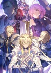 Rule 34 | 10s, 3girls, 5boys, armor, armored dress, artoria pendragon (fate), artoria pendragon (lancer) (fate), bedivere (fate), bianyuanqishi, blonde hair, blue eyes, breastplate, cloak, closed eyes, closed mouth, crown, elbow gloves, fate/apocrypha, fate/extra, fate/grand order, fate (series), forehead, full armor, fur trim, gauntlets, gawain (fate), gloves, green eyes, hair between eyes, hair over one eye, highres, holding, holding shield, holding sword, holding weapon, lancelot (fate/grand order), long hair, looking at viewer, mash kyrielight, mordred (fate), mordred (fate/apocrypha), multiple boys, multiple girls, parted lips, pauldrons, planted, purple eyes, purple gloves, purple hair, red hair, serious, sheath, sheathed, shield, shoulder armor, sidelocks, silver hair, sword, tristan (fate), uniform, weapon