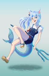 Rule 34 | 1girl, absurdres, animal ears, artist name, blue background, blue eyes, blue hair, blue nails, blush, cat ears, caustics, collarbone, cube hair ornament, fins, fish tail, gawr gura, gawr gura (casual), gradient background, hair bobbles, hair ornament, highres, holding, holding trident, holding weapon, hololive, hololive english, looking at viewer, md5 mismatch, multicolored clothes, multicolored hair, nail polish, official alternate costume, open mouth, polearm, redteapanda, resolution mismatch, sandals, shark girl, shark tail, sharp teeth, shirt, short sleeves, signature, simple background, skirt, smile, source smaller, tail, teeth, toenail polish, toenails, trident, upper teeth only, virtual youtuber, weapon, white shirt