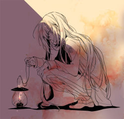 Rule 34 | 10s, bad id, bad pixiv id, fire, fire, hair down, hand on own knee, holding, holding lantern, jacket, lantern, long hair, long sleeves, looking down, male focus, monochrome, namazuo toushirou, noeru (putty), shoes, solo, spot color, squatting, touken ranbu