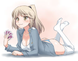 Rule 34 | 1girl, ass, blonde hair, blue panties, breasts, card, cleavage, clothes pull, holding, holding card, jacket, laura nissinen, long sleeves, lying, medium breasts, miritsu, mirutsu (milts), on stomach, panties, pantyhose, pantyhose pull, simple background, smile, solo, strike witches, strike witches: aurora no majo, thong, underwear, white pantyhose, world witches series, yellow eyes