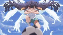 Rule 34 | 1girl, alternate costume, ball, blue sky, blunt bangs, closed eyes, commentary request, crossed arms, god knows (hissatsu), hissatsu, hololive, hololive english, inazuma eleven, inazuma eleven (series), laing, long hair, mole, multiple wings, ninomae ina&#039;nis, purple hair, seraph, shorts, sky, soccer ball, soccer uniform, solo, sportswear, telstar, tentacle hair, virtual youtuber, white wings, wings