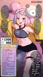 Rule 34 | 1girl, :d, absurdres, bare shoulders, black shorts, blue hair, bow-shaped hair, breasts, chat log, creatures (company), crop top, english text, game freak, highres, iono (pokemon), jacket, livestream, long hair, medium breasts, multicolored hair, nintendo, open mouth, pink hair, pokemon, pokemon sv, sharp teeth, shorts, smile, solo, speech bubble, standing, teeth, thighlet, two-tone hair, unsfrau, very long hair, yellow jacket