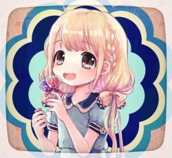 Rule 34 | 1girl, blonde hair, blue dress, braid, brown eyes, candy, comeco, dress, food, futaba anzu, idolmaster, idolmaster cinderella girls, long hair, low twintails, open mouth, smile, solo, twintails, upper body