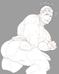 Rule 34 | 1boy, ass, ass focus, bad id, bad pixiv id, bara, blush, bodysuit, clothes around waist, cropped legs, facial hair, feet out of frame, from behind, greyscale, halo, hip vent, kneeling, large pectorals, looking at viewer, male focus, mature male, monochrome, muscular, muscular male, nipples, open bodysuit, open clothes, pectorals, po fu, short hair, solo, spot color, stubble, sweatdrop, thick thighs, thighs, tokyo houkago summoners, topless male, unfinished, zabaniyya (housamo)