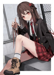 Rule 34 | 1girl, alternate costume, arm at side, black jacket, black nails, black necktie, black ribbon, boots, border, brown footwear, brown hair, chain-link fence, closed mouth, collared shirt, colored tips, commentary, contemporary, cross-laced footwear, dot nose, dutch angle, fence, flower, flower-shaped pupils, genshin impact, gradient hair, hair flaps, hair flower, hair ornament, hair ribbon, hand up, high-waist skirt, highres, holding, holding own hair, hu tao (genshin impact), jacket, knees up, lead pipe, long hair, long sleeves, looking at viewer, motto (night wear), multicolored hair, nail polish, necktie, outdoors, plaid, plaid necktie, plaid skirt, plum blossoms, red eyes, red flower, red hair, red necktie, red skirt, ribbed legwear, ribbed socks, ribbon, school uniform, shadow, shirt, shirt tucked in, sidelocks, sitting, skirt, smile, socks, solo, straight hair, symbol-only commentary, symbol-shaped pupils, thighs, twintails, two-tone necktie, very long hair, wall, white border, white shirt, white socks