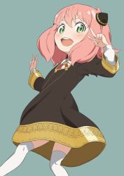 Rule 34 | 1girl, anya (spy x family), arms up, black dress, child, double v, dress, green eyes, grey background, hair ornament, highres, misashi (raichi821), open mouth, pink hair, shirt, short hair, simple background, smile, solo, spy x family, thighhighs, v, white shirt, white thighhighs