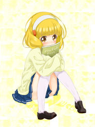 Rule 34 | 10s, 1girl, abe kanari, absurdres, bad id, bad pixiv id, blonde hair, blush, book, crossed arms, eyelashes, hairband, highres, kise yayoi, looking at viewer, pleated skirt, precure, school uniform, short hair, sitting, sketchbook, skirt, smile precure!, solo, sweater, tears, thighhighs, white hairband, white thighhighs, yellow eyes