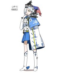 Rule 34 | 1girl, american flag, anyan (jooho), blue capelet, boots, buttons, cape, capelet, ch-53, closed mouth, fingerless gloves, full body, gloves, hair over one eye, hand on own chin, helicopter, highres, knee boots, long hair, long sleeves, mecha musume, one eye covered, original, shirt, solo, standing, united states navy, white cape, white footwear, white gloves, white hair, white shirt, yellow eyes