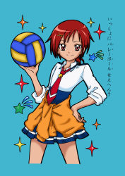 Rule 34 | 10s, 1girl, absurdres, ball, blue background, clothes around waist, cowboy shot, eyelashes, hair ornament, hand on own hip, highres, hino akane (smile precure!), hip focus, holding, holding ball, looking at viewer, necktie, orange348, ponytail, precure, red eyes, red hair, school uniform, shirt, shirt around waist, short hair, sleeves rolled up, smile, smile precure!, solo, sweater, sweater around waist, volleyball (object), x hair ornament