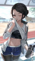 Rule 34 | 1girl, ;d, black hair, black pantyhose, blue shorts, blurry, breasts, brown eyes, clothes lift, cowboy shot, crop top, day, depth of field, dolphin shorts, hair ornament, hairclip, highres, huwari (dnwls3010), jacket, lifted by self, long sleeves, looking at viewer, medium breasts, midriff, navel, one eye closed, open clothes, open jacket, open mouth, original, pantyhose, pantyhose under shorts, shirt, shirt lift, short hair, short shorts, shorts, sleeveless, sleeveless shirt, smile, solo, standing, stomach, sweat, tank top, undershirt, water, white jacket, white shirt