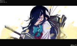 Rule 34 | 10s, 1girl, black hair, bleeding, blood, blush, cannon, commentary request, dated, hair over one eye, hair ribbon, hayashimo (kancolle), injury, kantai collection, letterboxed, long hair, looking at viewer, open mouth, purple eyes, ribbon, ru2n131, simple background, solo, sweatdrop, twitter username, very long hair, white background, white ribbon