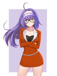 Rule 34 | 1girl, alternate costume, bespectacled, blue hair, breasts, cleavage, closed mouth, crossed arms, dakkalot, fire emblem, fire emblem: path of radiance, fire emblem: radiant dawn, glasses, green eyes, hairband, highres, large breasts, long hair, long sleeves, mia (fire emblem), nintendo, simple background, smile, solo, white hairband