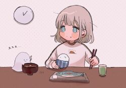 Rule 34 | 1girl, blue eyes, blush stickers, bowl, breakfast, brown hair, chopsticks, clock, cup, drinking glass, fish (food), food, food on face, food theft, ghost, green tea, hair behind ear, holding, holding bowl, holding chopsticks, idolmaster, idolmaster shiny colors, long sleeves, looking at another, looking to the side, medium hair, miso soup, print shirt, rice bowl, serizawa asahi, shirt, sun print, table, tea, upper body, wadachi, wall clock
