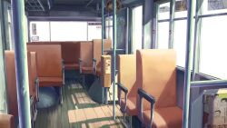 Rule 34 | 114514, bus, bus interior, chair, commentary request, day, highres, inmu-kun, kbs trio, manatsu no yo no inmu, motor vehicle, no humans, poster (object), scenery, traffic mirror, tyb (inmu), wooden floor