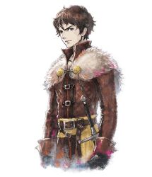 Rule 34 | 1boy, belt, blue eyes, brown hair, capelet, closed mouth, cowboy shot, fur capelet, ikusy, looking at viewer, male focus, official art, serenoa wolffort, solo, sprite, standing, sword, transparent background, triangle strategy, weapon
