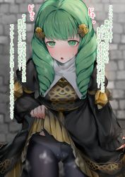 Rule 34 | 1girl, black dress, black pantyhose, blush, bow, bow panties, cameltoe, clothes lift, commentary request, cowboy shot, dress, dress lift, drill hair, echigoya takeru, fire emblem, fire emblem: three houses, flayn (fire emblem), green eyes, green hair, hair ornament, heart, heart-shaped pupils, highres, lifted by self, long sleeves, nintendo, open mouth, panties, pantyhose, solo, symbol-shaped pupils, thigh gap, translated, underwear, white panties