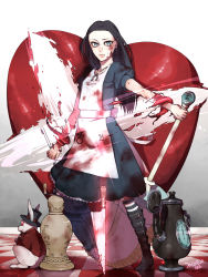 Rule 34 | 1girl, alice: madness returns, alice (alice in wonderland), alice in wonderland, alice liddell (american mcgee&#039;s alice), american mcgee&#039;s alice, american mcgee's alice, apron, black hair, blood, boots, closed mouth, cro328, dress, green eyes, highres, jewelry, knife, long hair, looking at viewer, necklace, pantyhose, rabbit, solo, striped clothes, striped pantyhose, teapot