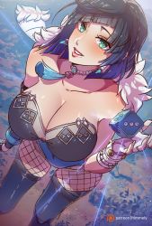 Rule 34 | :d, bare shoulders, blue dress, blue footwear, blue hair, boots, breasts, cleavage, dress, fingerless gloves, fishnet legwear, fishnets, genshin impact, gloves, green eyes, grin, himmely, large breasts, looking at viewer, open mouth, short hair, smile, thigh boots, white gloves, yelan (genshin impact)