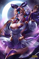 Rule 34 | 1girl, alternate costume, alternate hairstyle, armor, artist name, black hair, blue eyes, blush, breasts, citemer, cleavage, crescent moon, curvy, diana (league of legends), forehead protector, hair rings, jewelry, large breasts, league of legends, long hair, looking at viewer, lunar goddess diana, moon, nail polish, parted lips, purple eyes, purple hair, smile, solo, thighhighs, wide hips, zettai ryouiki