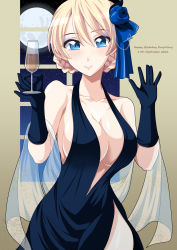 Rule 34 | 1girl, alcohol, backless dress, backless outfit, birthday, blonde hair, blue dress, blue eyes, blue flower, blue gloves, blue rose, braid, braided bun, breasts, champagne, champagne flute, character name, cleavage, closed mouth, commentary, cup, darjeeling (girls und panzer), dated, dress, drinking glass, english text, eyeliner, flower, formal, full moon, girls und panzer, gloves, hair bun, hair flower, hair ornament, halterneck, happy birthday, highres, holding, holding cup, ichijou takakiyo, large breasts, long dress, looking at viewer, makeup, moon, night, rose, shawl, short hair, side slit, smile, solo, standing, twin braids, waving, window