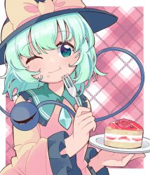 Rule 34 | 1girl, ;t, black hat, blouse, blush, bow, brown bow, brown shirt, cake, cake slice, closed mouth, collared shirt, commentary request, eating, food, food on face, fork, frilled shirt collar, frilled sleeves, frills, green eyes, green hair, hat, hat bow, head tilt, holding, holding fork, komeiji koishi, long hair, long sleeves, one eye closed, plaid, plaid background, red background, shirt, solo, third eye, touhou, upper body, wide sleeves, yamase, yellow shirt