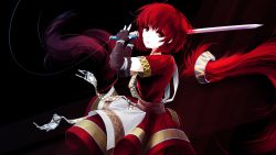 Rule 34 | 1girl, arcturus, brown gloves, brown sash, closed mouth, commentary, cowboy shot, dress, elbow gloves, expressionless, fingerless gloves, gloves, highres, holding, holding sword, holding weapon, kyeotvee, looking at viewer, maria kates, red dress, red eyes, red hair, severed hair, short hair, short sleeves, solo, sword, weapon