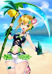 Rule 34 | 1girl, absurdres, akatsuki kirika, bad id, bad pixiv id, bare shoulders, beach, blonde hair, blush, carpathiyo, cloud, commentary request, day, flower, frills, green eyes, hair flower, hair ornament, headgear, highres, holding, holding weapon, looking at viewer, navel, one-piece swimsuit, open mouth, outdoors, sand, sandals, scythe, senki zesshou symphogear, senki zesshou symphogear xd unlimited, shiny skin, short hair, shorts, solo, swimsuit, water, weapon, x hair ornament