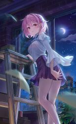 Rule 34 | 1girl, absurdres, bai ou (crazy ones), bare shoulders, crazy ones, earrings, frilled shirt, frills, from below, highres, jewelry, miniskirt, moon, moonlight, night, official art, pink eyes, pink hair, purple skirt, shirt, short hair, skirt, solo, wide sleeves, window